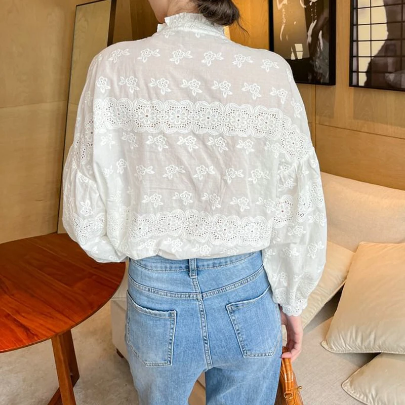 Women Hollow Embroidery Lace Ruffle Chic Elegant Shirts Fashion White Simple Casual Blouses Cotton Long Sleeve Loose Tops Blusa