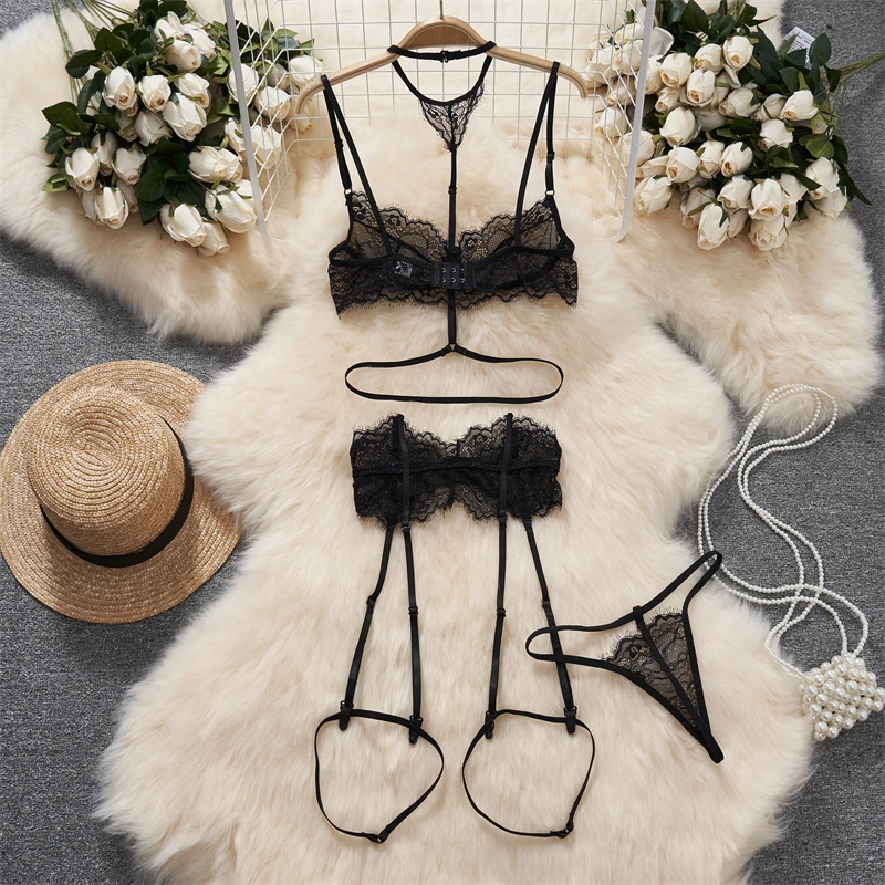 Sexy Costume Women Lace Black Neck-mounted Patchwork Leg Rings See-through Linger Clothes Hollow Club Underwear Suit Skinny New