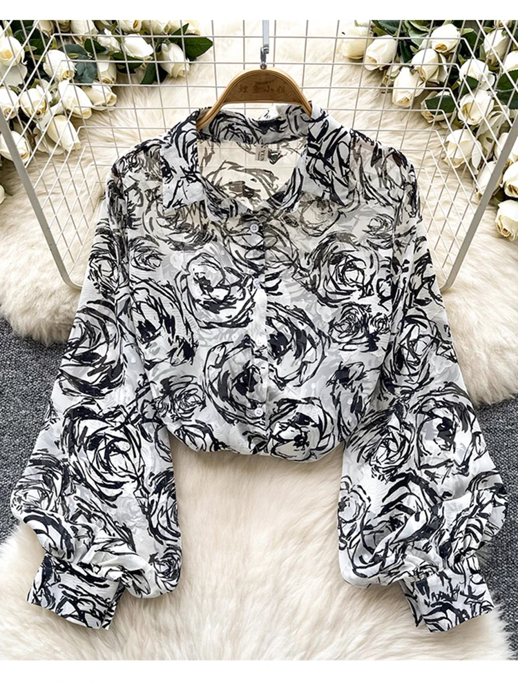 Spring Autumn Temperament Fashion Retro Chiffon Floral Blouses Print Loose Lapel Puff Sleeve Top Button Up Shirt Female GD611 image 6