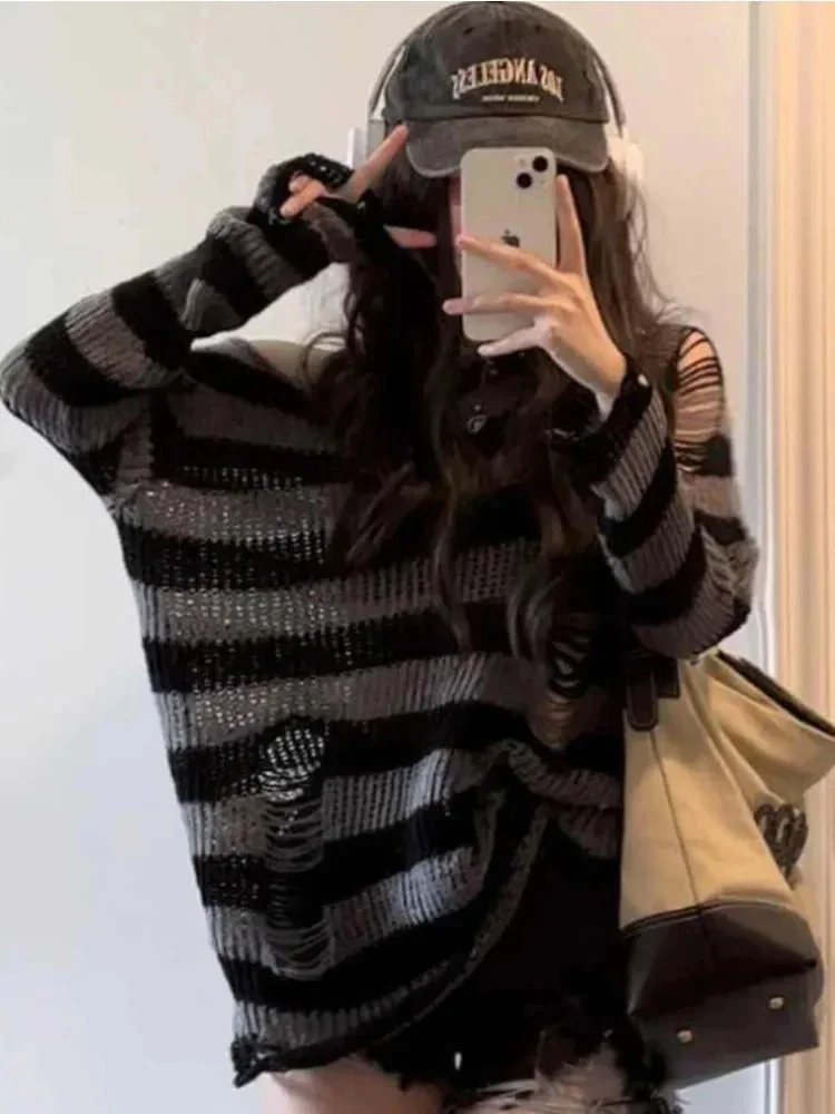 Gothic Sexy Hollow Out Sweaters Women Y2K Striped Loose Long Sleeve Punk Knitted Jumpers Streetwear Harajuku Hip Hop Tops