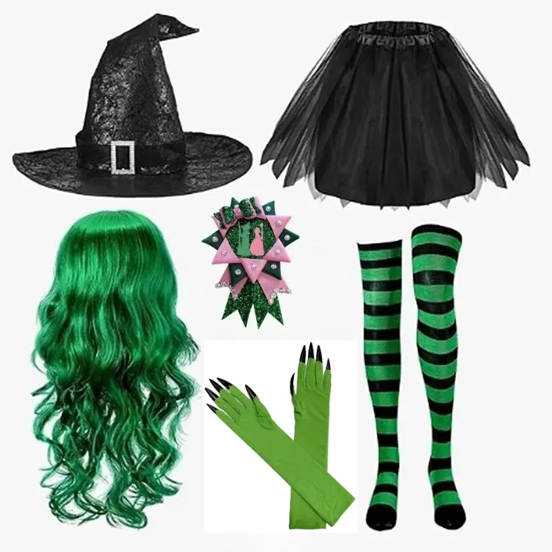

Movie Witches Glinda Elphaba Cosplay Costume Tutu Skirt Hat Wig Gloves Sets Women Halloween Carnival Party Accessories Role Play