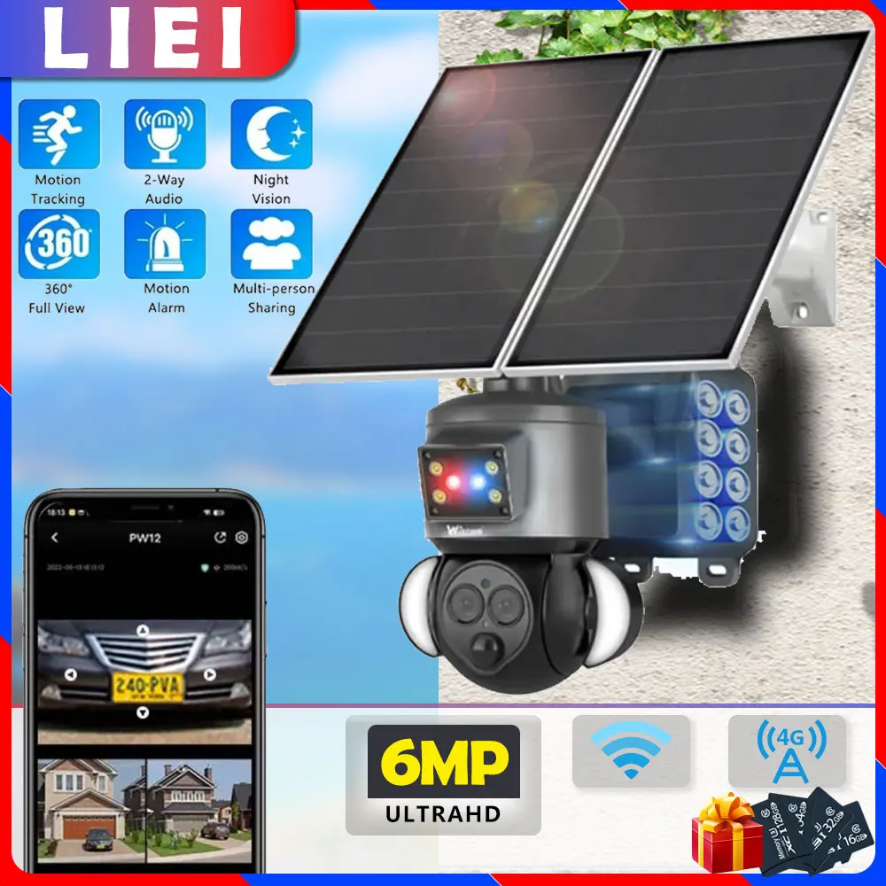 

LIEI 6MP 4G/WIFI Solar Camera 10X Zoom Auto Tracking Dual Lens camara Security Protection Monitor Smart Home CCTV Surveillance