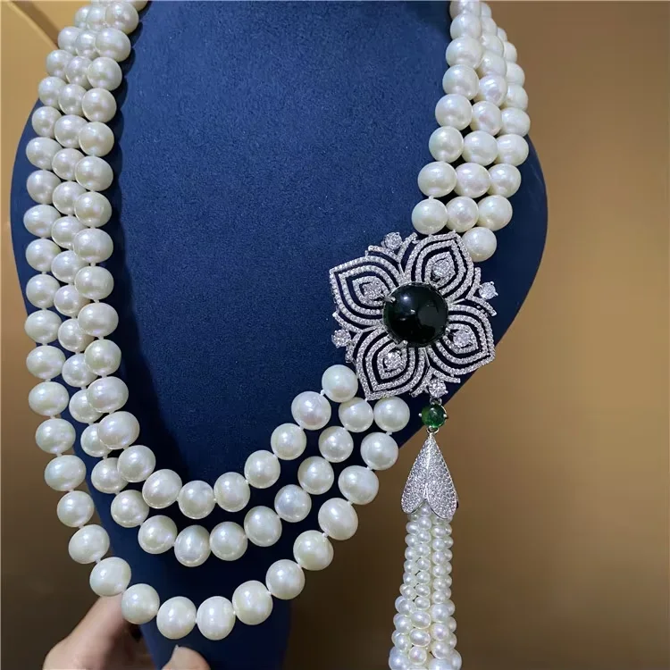 

3 Rows 18-20" Natural freshwater pearl necklace r short tassel necklace