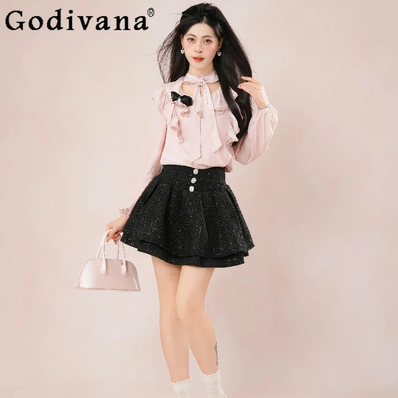 Trajes de Lolita de color rosa claro para mujer, blusa de gasa con volantes, conjunto de falda de cintura alta negra, trajes de estilo japonés para mujer