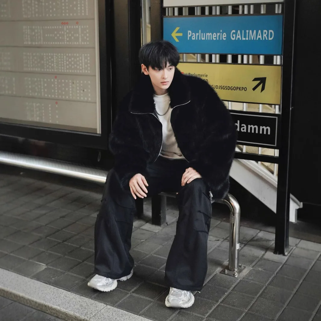 

Winter 2024 Plush New Fur Black Coat Faux Leather Warm Stand Up Collar Jacket Light Luxury Thick Fox Men's Trend