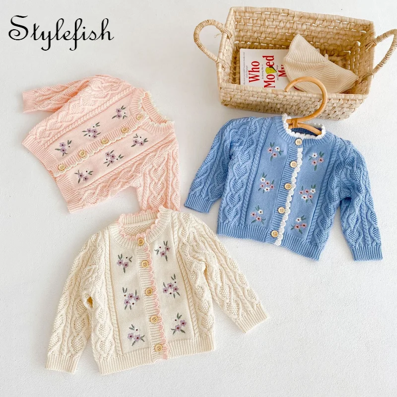 New Designer hight Quality 100% Pure Cotton New Born Baby Girls Boys Unisex Clothes embroidered coat all-match knitted cardigan