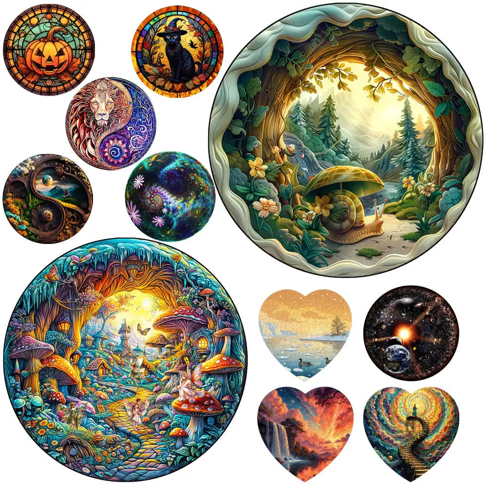 

Gorgeous Mushrooms Wooden Animal Puzzle for Adult Kids Brain Twister A Beautiful Round Puzzle Decompressed Toys Holiday Gifts