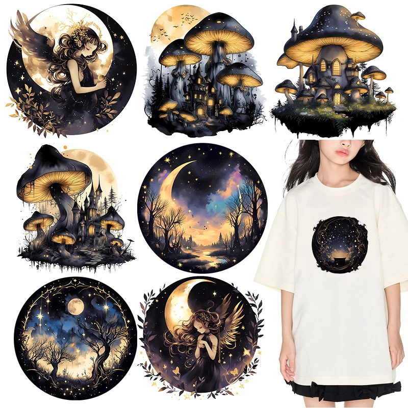 Black Mushroom Castle and Moon Girl Iron On Patch Heat Transfer On Clothes DTF Iron on transfer Children's clothing