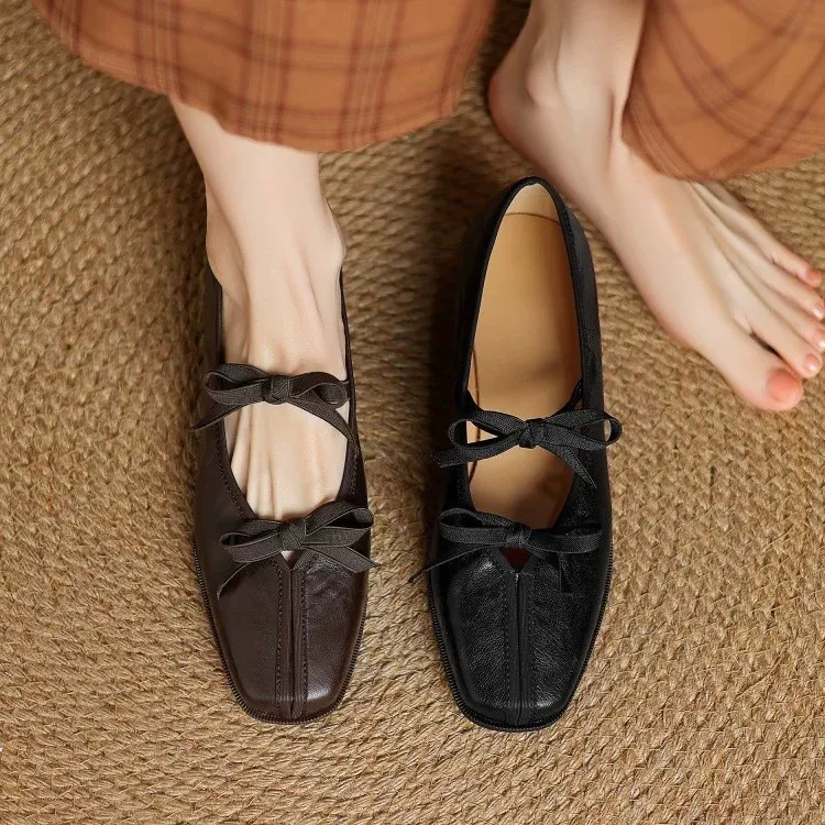 Butterfly Knot Mary Jane Small Leather Shoes Versatile Square Head Flat Single Shoes for Women 2026 New Edition