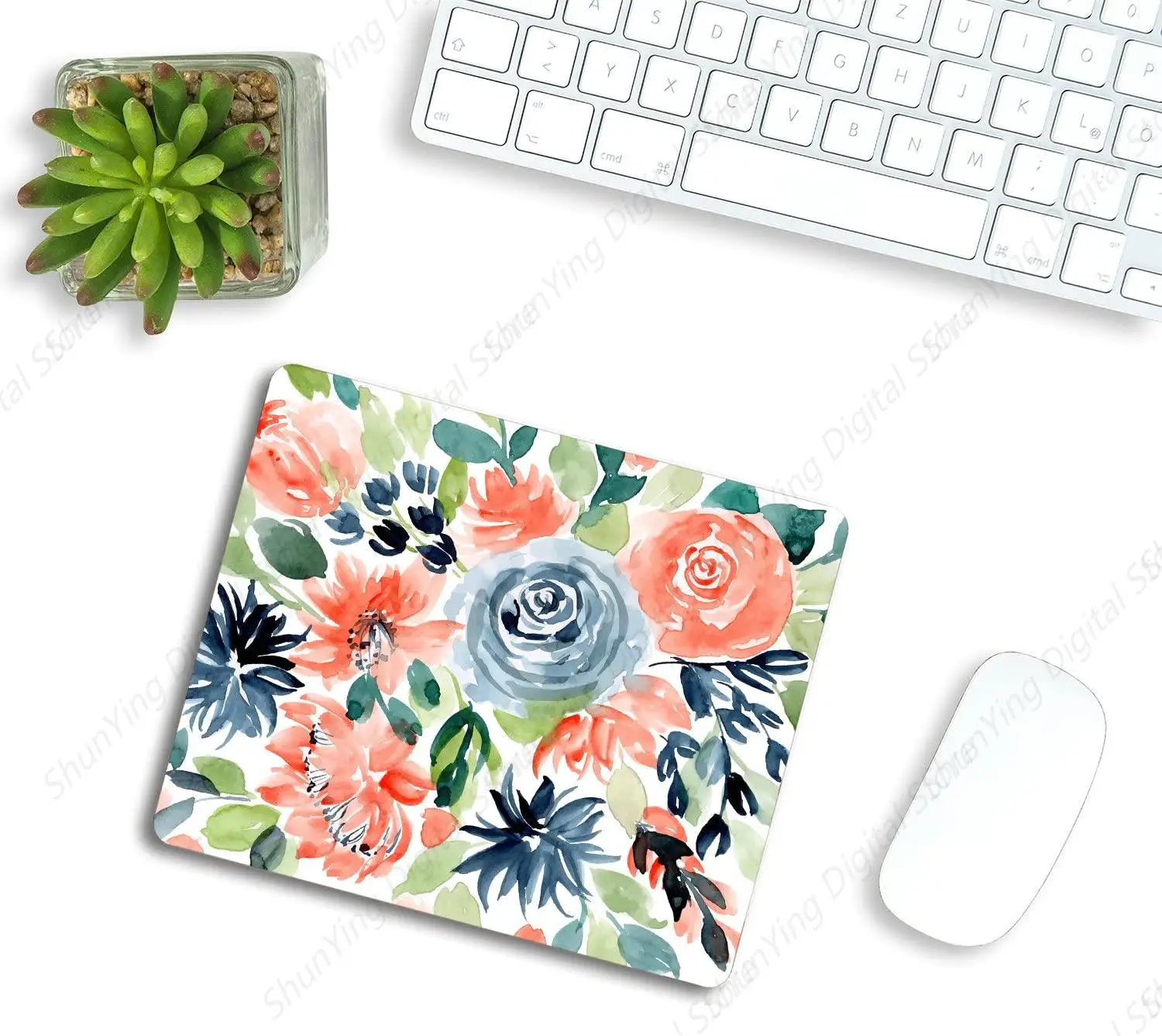 Mouse pad rosa e azul com flor aquarela, mouse pad antiderrapante de borracha para jogos, presente para computador 25*30cm