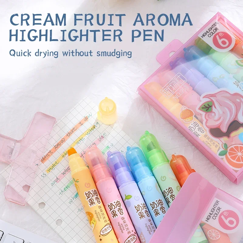 6 Colors Highlighter Markers Creamy Fruity Aroma Highlighter Pen Back to School Supplies Aesthetic for Girl Students Kids Gifts