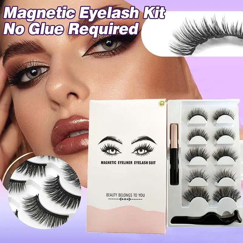 5 Paar magnetische Wimpern, Eyeliner-Pinzetten-Set, wiederverwendbare 3D-natürliche, lockige falsche Nerzwimpern, kein Kleber erforderlich, einfache Anwendung.