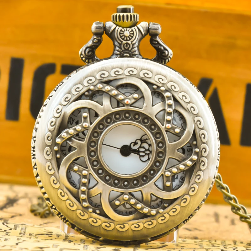 Retro Bronze Steampunk Openwork Flower Flip Quartz Boys' And Girls' Necklace Commemorative Pocket Watch