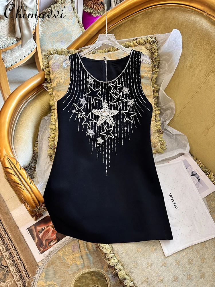 Women Spring Summer New Heavy Snowflake Rhinestone Embroidered Party Dress French Round Neck Fashion Sleeveless Elegant Dresses