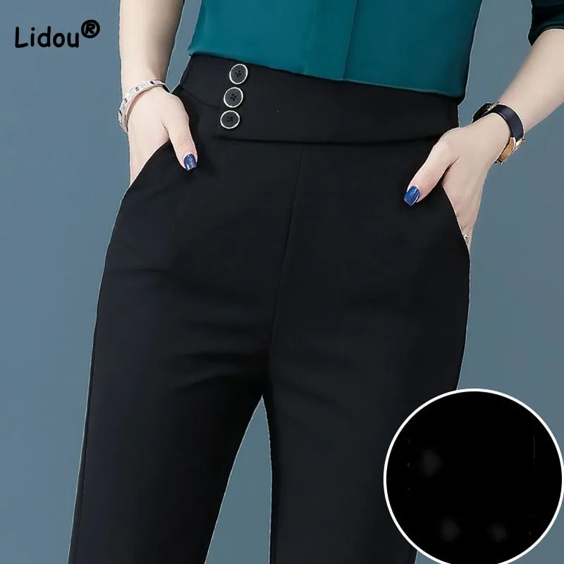 Office Lady Casual High Waist Black Pockets Pants Summer Commute Fashion All-match Button Spliced Trousers Women\'s Clothing