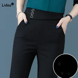 Office Lady Casual High Waist Black Pockets Pants Summer Commute Fashion All-match Button Spliced Trousers Women's Clothing