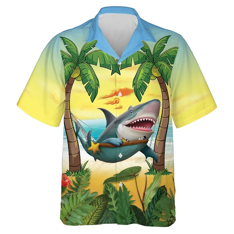 Fierce Cartoon Graphic Shark 3D Print Hawaiian Shirts Men Clothes Summer Tropical Plant Flowers Chill Vacation Beach Men‘s Shirt
