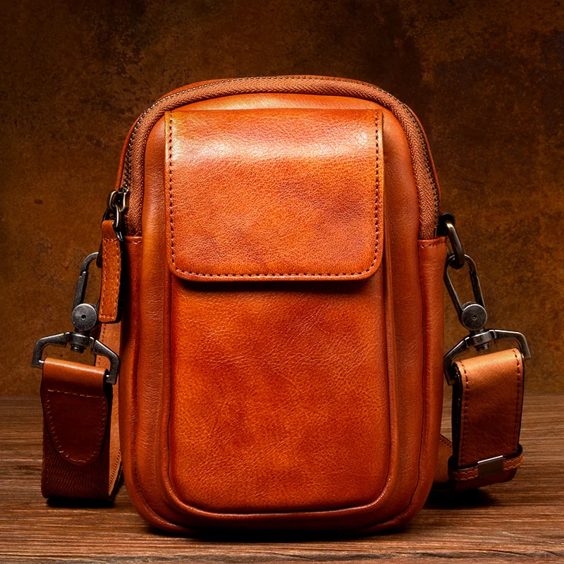 Vegetable tanned cowhide shoulder bag vertical casual cowhide purse youth leather satchel trend mobile phone bag