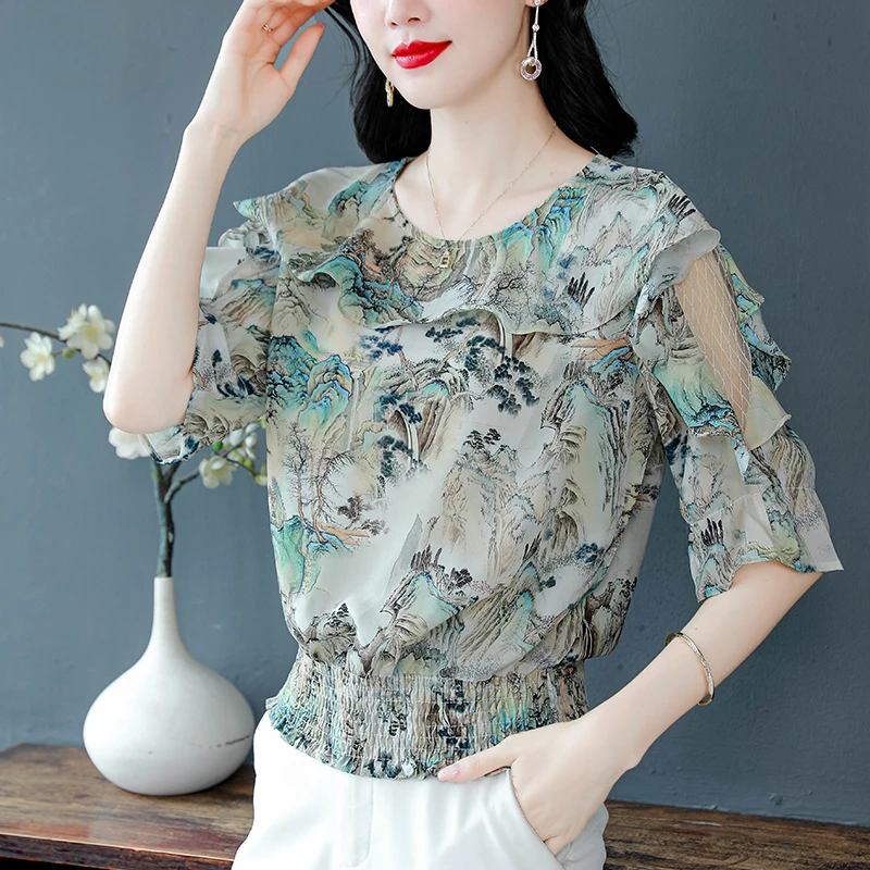 Summer Floral Printed Shirt Elegant Fashion Women Chiffon Blouse 3/4 Sleeve Patchwork Mesh Casual Tops