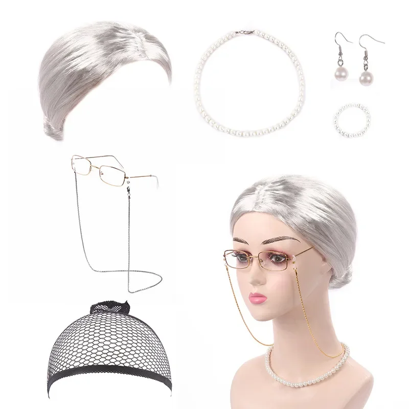 Old Lady Costume for Women Kids Girls 100th Day of School Dress Up Grandma Grey Wig Granny Glasses Halloween Cosplay Accessory