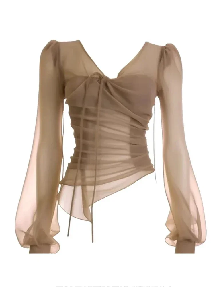 

Solid Mesh Blouse for Women V Neck Long Sleeve Pleated Slim Chic Tops New Elegant Fashion Office Ladies Irregu Vintage Tops