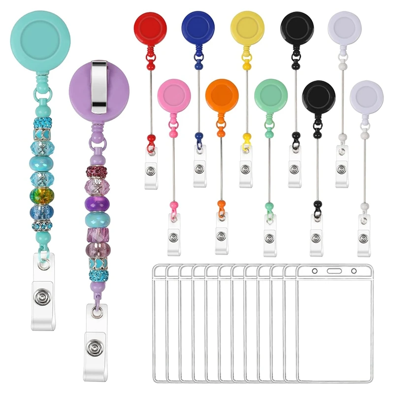 

12Set Beadable Retractable Badge Reels Clips With Id Card Holder, Colorful Badge Reel Kit For DIY Beads Blank Bar