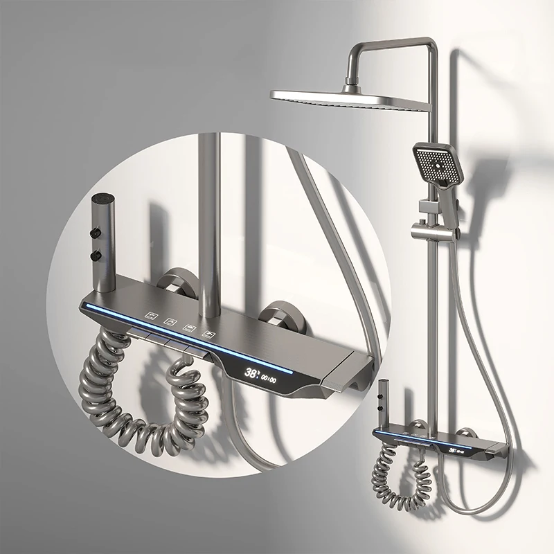 

Modern Gun Gray Brass Bathroom Bath Shower Sets Wall Mounted Four Function Rainfall Shower Set