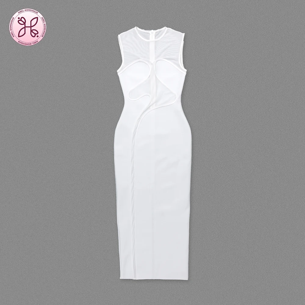 Nieuwe bandage-feestjurk voor dames uit 2025 |   Witte bodycon-jurk met tule inzetstuk |   Rekbare elegante clubkleding