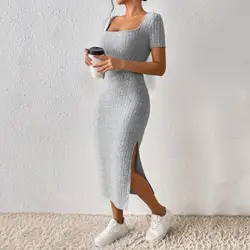 Summer Dresses for Women square neck hip-covering mid-length skirt short-sleeved versatile knitted slit dress