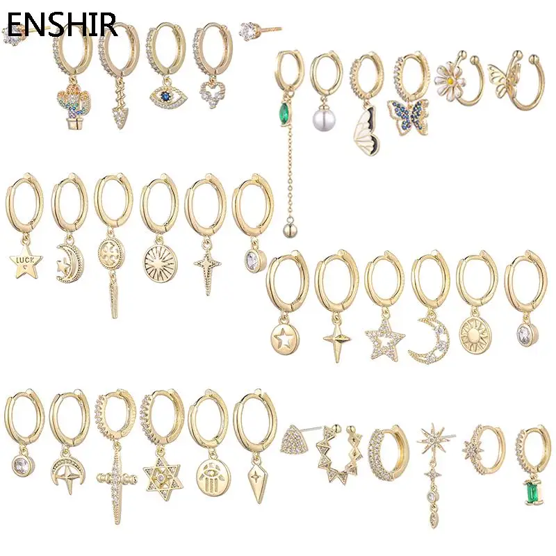 

ENSHIR 6 Pieces/Set Zircon Butterfly Pearl Cross Pendant Hoop Earring For Women Creative Geometric Luxury Earrings Set Jewelry