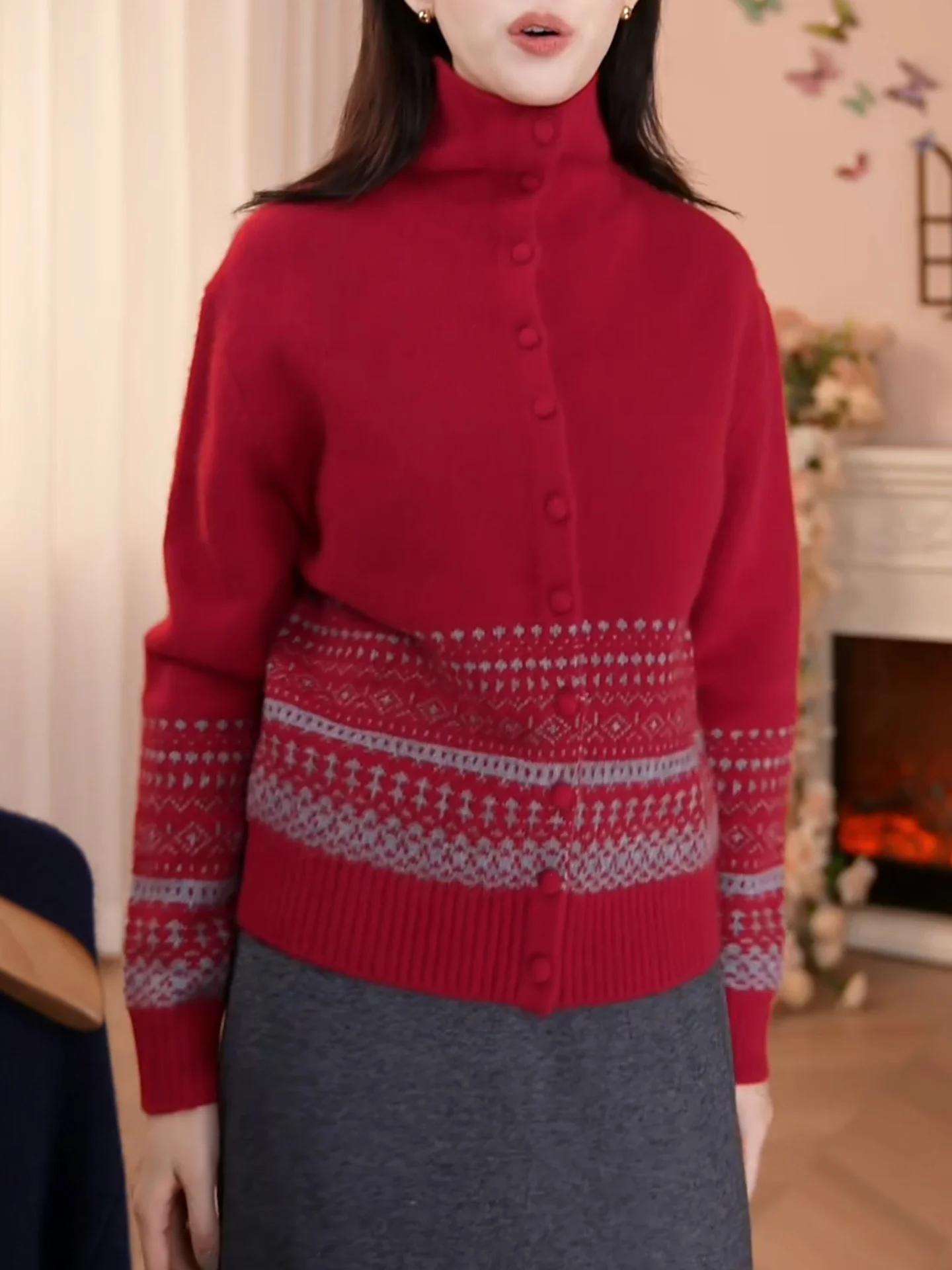 

Ele Red High Collar Open Cardigan Women's Autumn Winter Large Size Knitted Sweater Long Sve Faionable Camere Coat