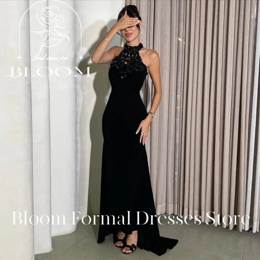 

Bloom Customized Black Halter Neck Evening Dress Beaded Embellishment Backless Lace Up Design Mermaid Gown Elegant Formal Attire