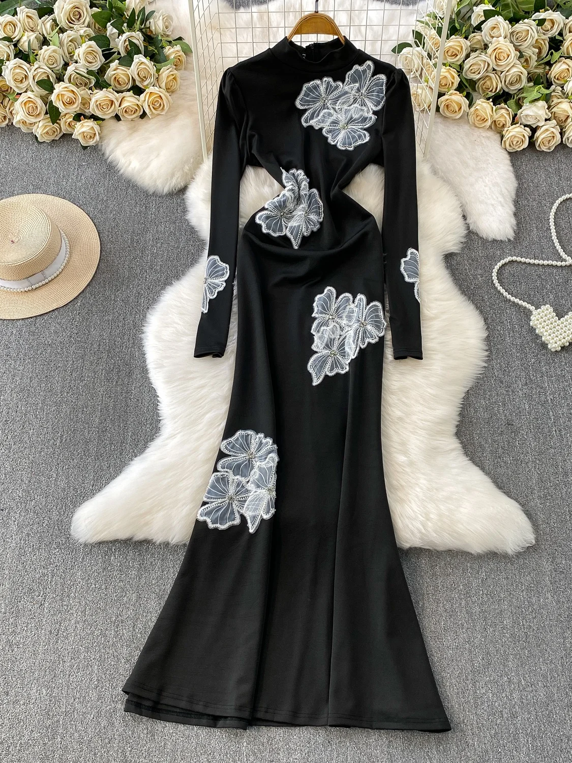 엘레 롱 스웨 여성용 드레스, 헤비 워크 3D 플라워 장식 슬림핏 피트 테일 가운, 가을 겨울 포멀 행사용...