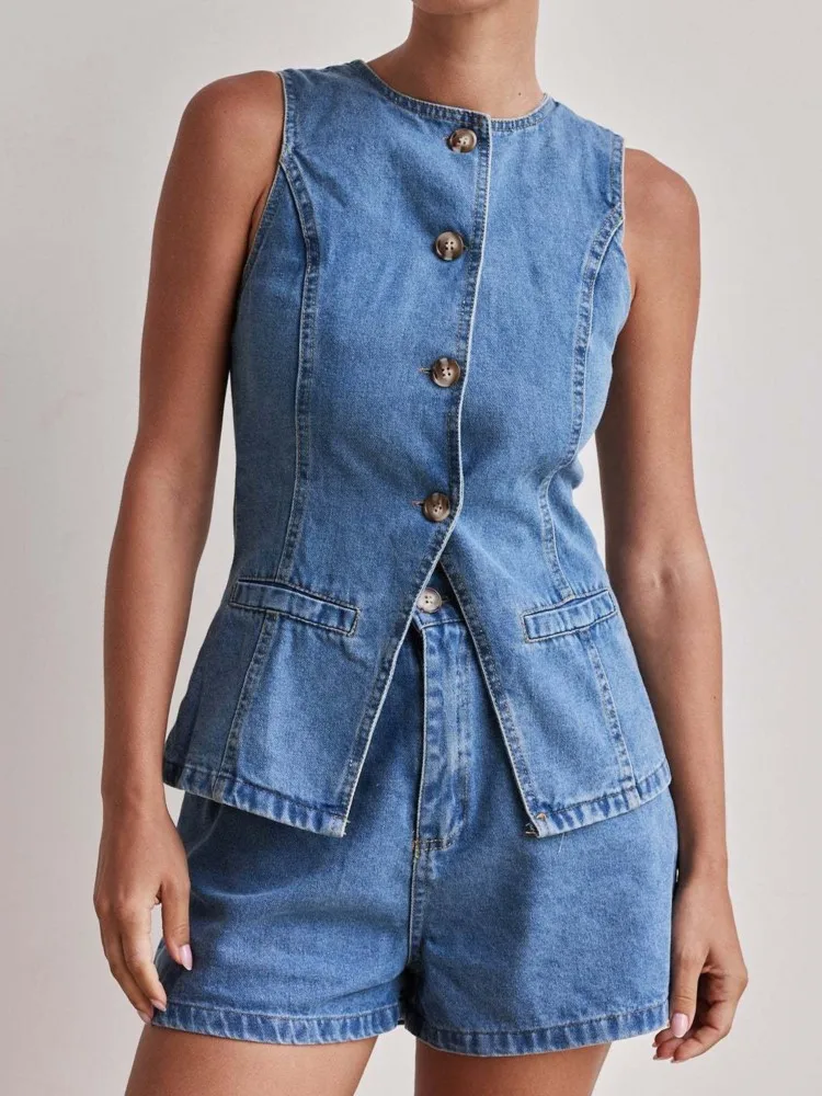 

2025 Summer New Women's Casual Sets Fashion Elegant Solid Color V-Neck Vest High Waisted Shorts Two-piece Set Female Clothes