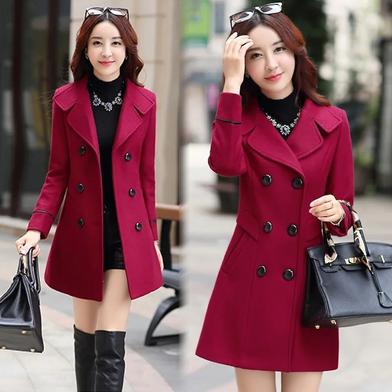 

Women New Double-breasted Mock Wool Coats Autumn Winter Slim Solid Colors Blends Coats Fashion Warm Trench Office Lady Jackets