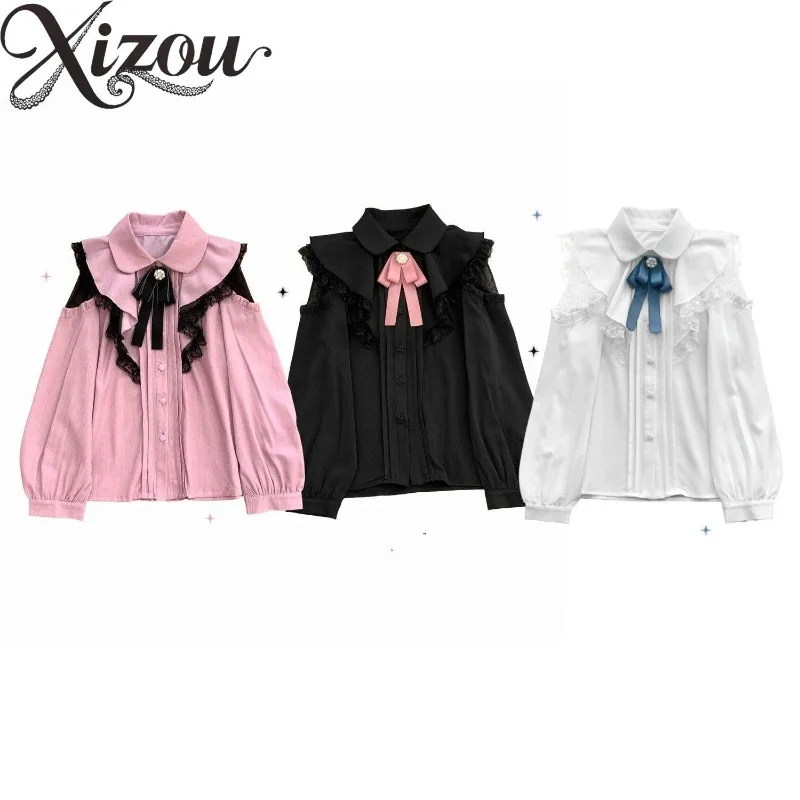 Lindo agradable arco encaje hueco fuera del hombro camisa Lolita Color sólido Casual Tops para Mujer primavera otoño Blusas de manga larga Mujer