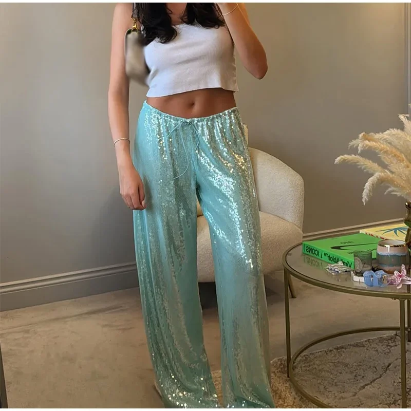 Street Sequin Lace Up Pants Women Elastic Low Waist Wide Leg Trousers Female 2026 Spring Summer Lady Shiny Party Club Clothes