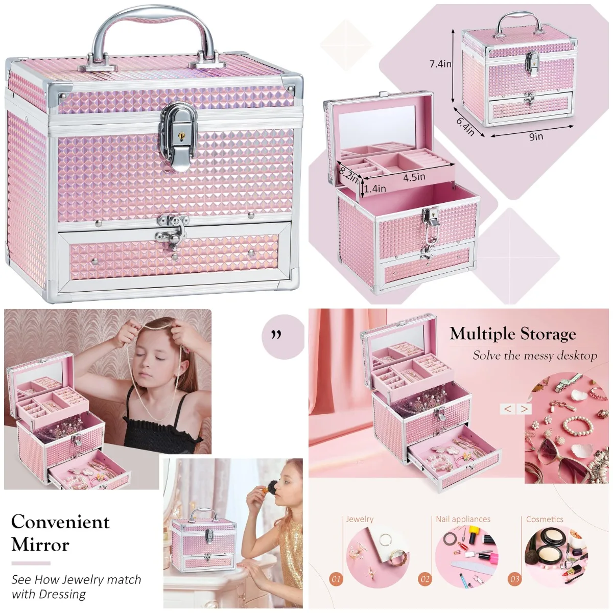 

Pink Lockable Jewelry Box with Drawer & Mirror for Girls - Organizer for Jewels & Hair Accessories