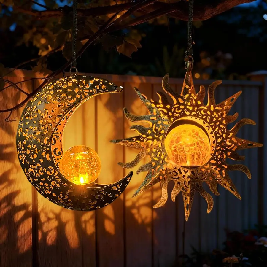 

Подвесные фонари Солнца и Луны, садовый внешний декор, 2 упаковки металлических фонарей, уличные художественные украшения с подсолнухом для крыльца, заднего двора, пати