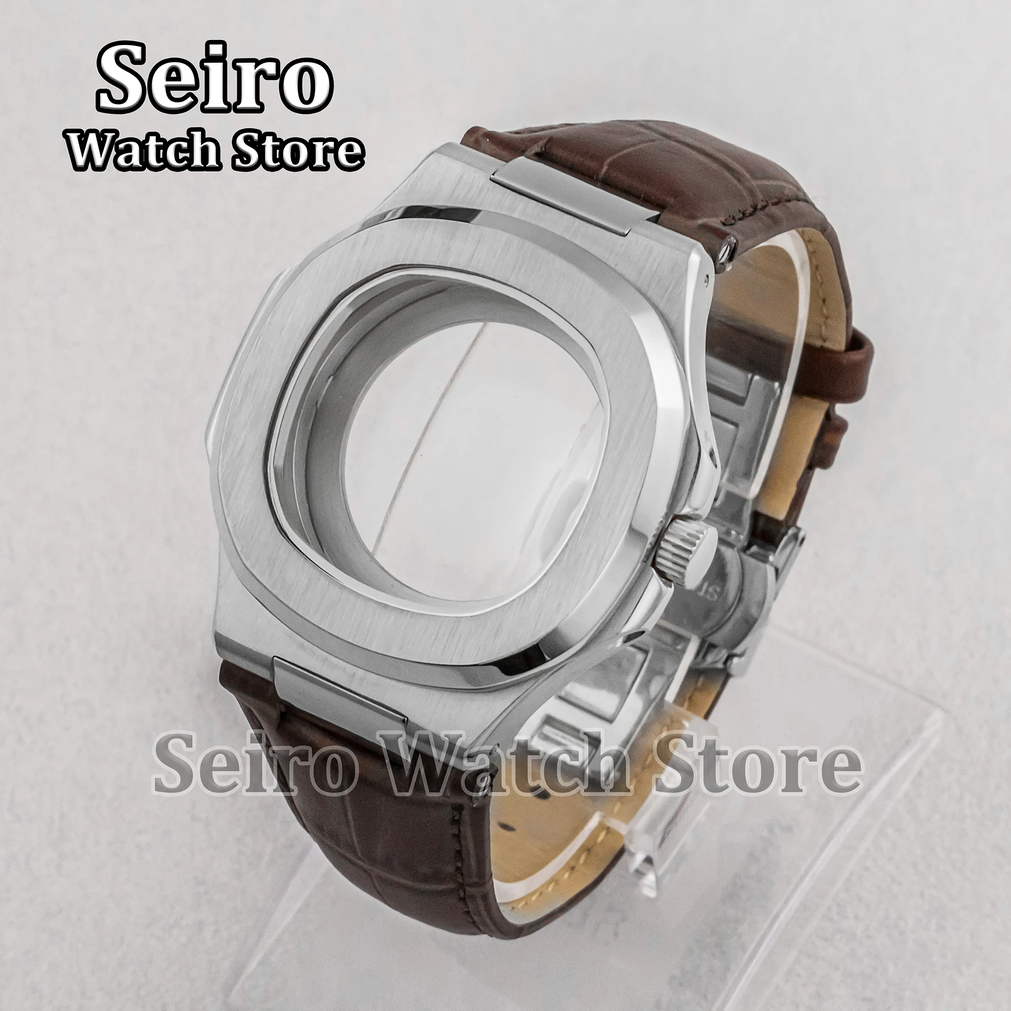 41MM NH35 Case Genuine Leather Strap Nautilus Sapphire Glass Silver Stainless Steel Watch Modified for NH36 Movement Accessories