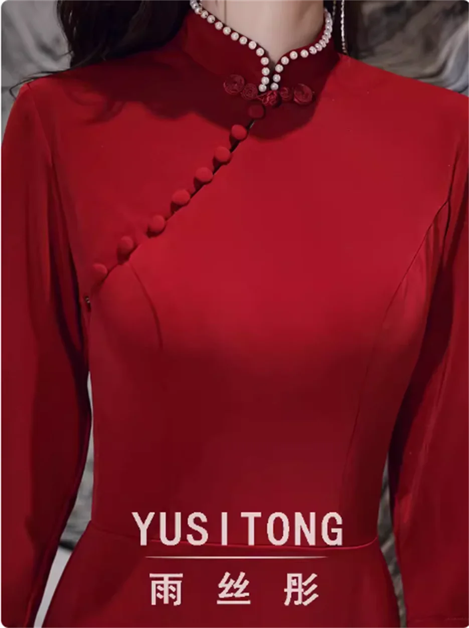 Robe de toast rétro chinoise rouge vin, robe de mariée queue de mariée, jupe