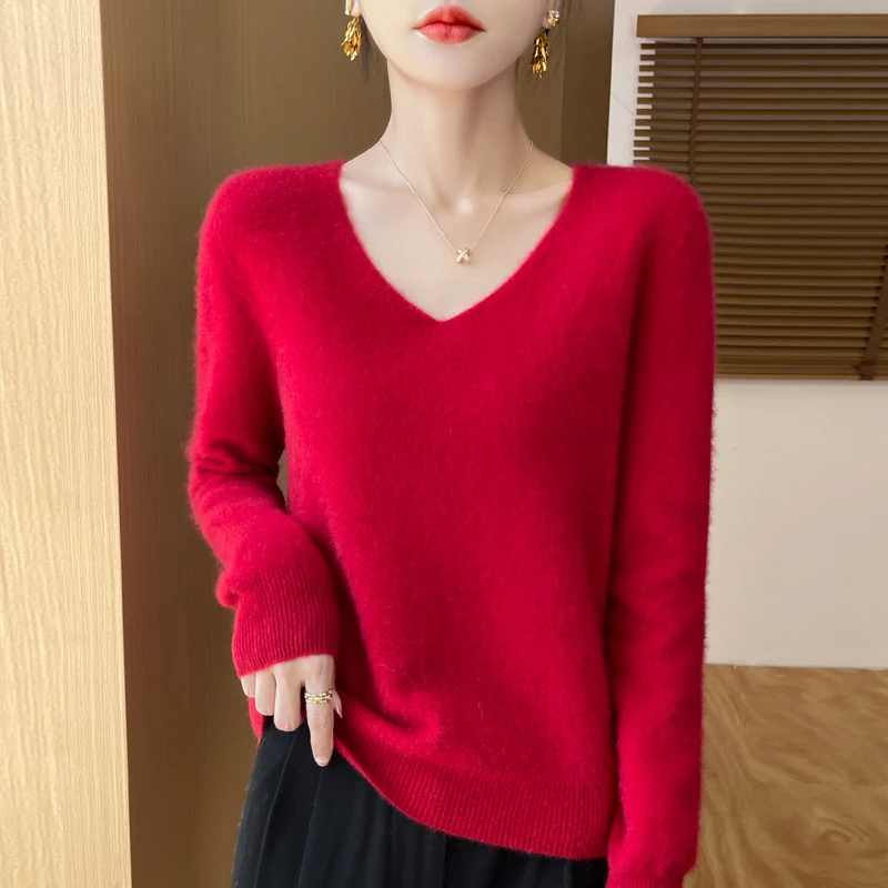 Autumn and winter new women\'s first-line ready-to-wear 100% pure wool V-neck solid color loose warm cashmere pullover top