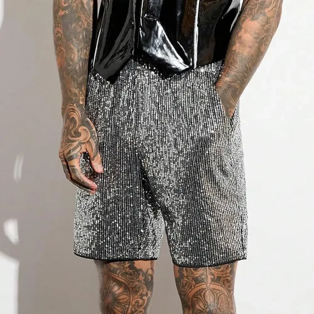 Men Casual Shorts Mid-rise Elastic Waist Knee Length Shorts with Pockets Shiny Sequins Loose Fit Shorts