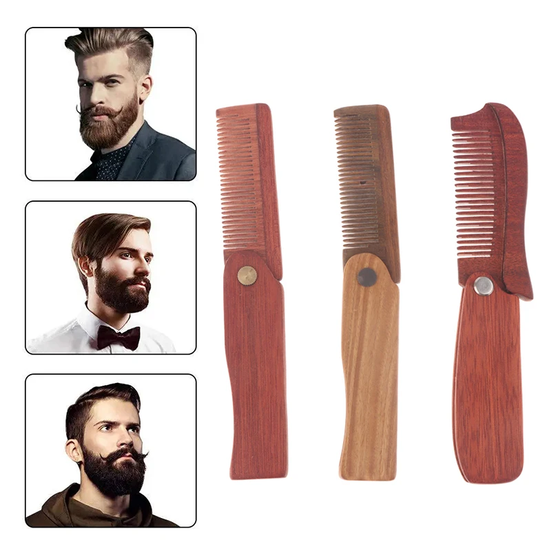 مشط جيب للرجال، مشط لحية خشبي قابل للطي، أمشاط شعر من خشب الصندل للرجال مثالية للاستخدام مع بلسم اللحية