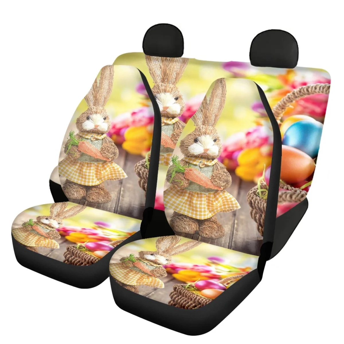 Universal Car Seat Covers Beautiful Easter Egg Bunny Design Heavy-Duty Nonslip Full 4PCS Elastic Remove Vehicle Seat Protector