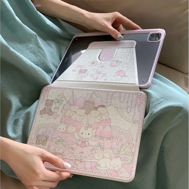 Cute Cartoon Animals Rotating Stand Case for iPad Mini 6/7 8.3in 2017/2018 Air 1/2 5/6 Pro 9.7in 7/8/9th 10.2in Protective Cover