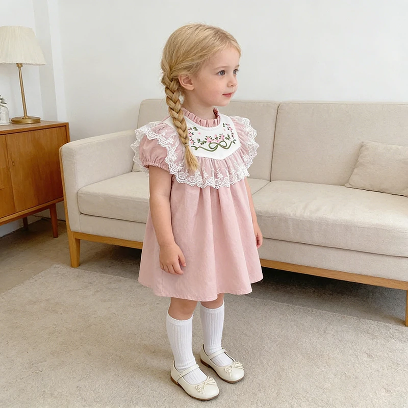 2026 Neue Sommer-Schwesterkleidung Kurzärmeliges Baumwoll-Stickerei-Kinderprinzessinnenkleid 2-6 Jahre Baby Mädchen Geburtstagsparty Spitzenkleid