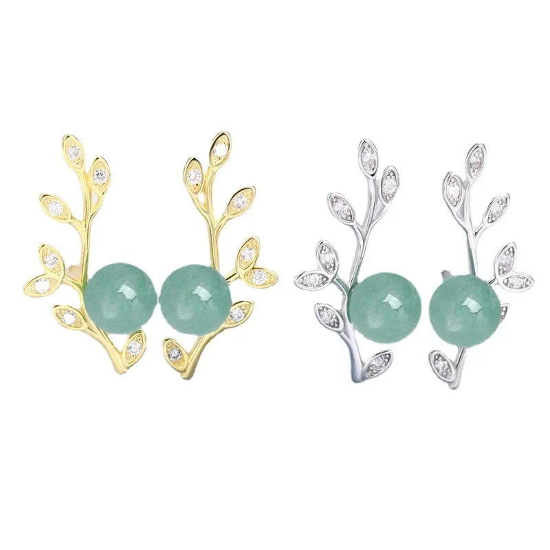 

Nephrite Jade Leaf Earrings Ear Studs Gift Energy Talismans Stone Natural 925 Silver Chinese Gifts Green Amulet Vintage Real