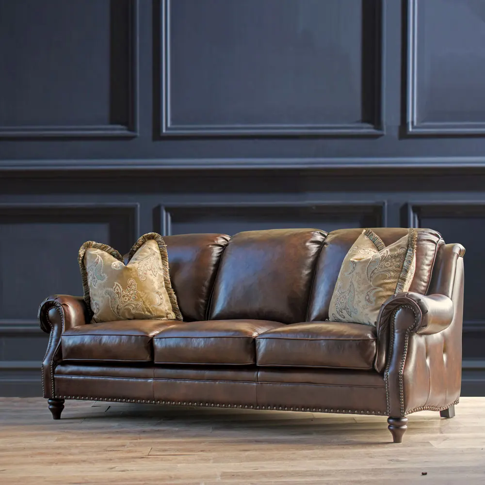أريكة جلدية أمريكية من الطبقة الأولى من جلد البقر مكونة من ثلاثة أشخاص في غرفة المعيشة وأثاث من الجلد والشمع الزيتي القديم #1