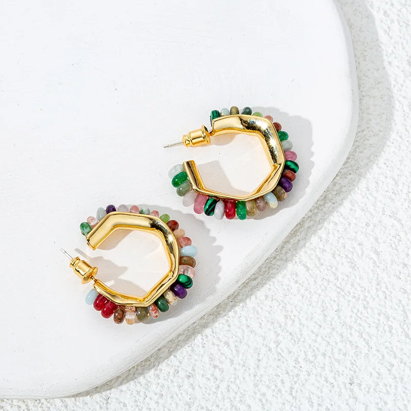 

Coloured Natural Stone C-shaped Earrings French Vintage Style Premium Women Daily Work Jewellery Gift with Beautiful Box